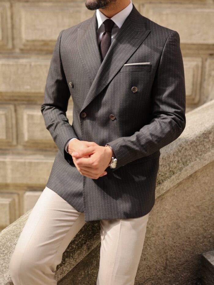 River Place Slim fit double breasted brown pinstriped with cream trousers  men's suit with peak lapels