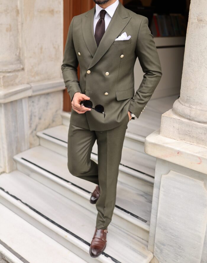 Morning Lane TAILORED SLIM FIT OLIVE GREEN DOUBLE BREASTED MEN’S SUIT WITH PEAK LAPELS decorative gold buttons