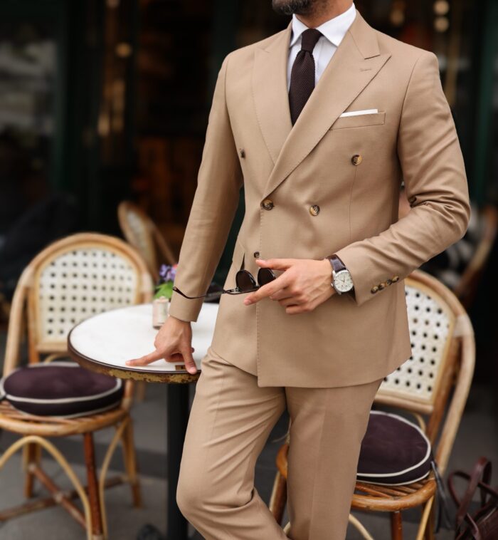 Meddle Street slim fit wheat cream double breasted men’s suit with peak lapels