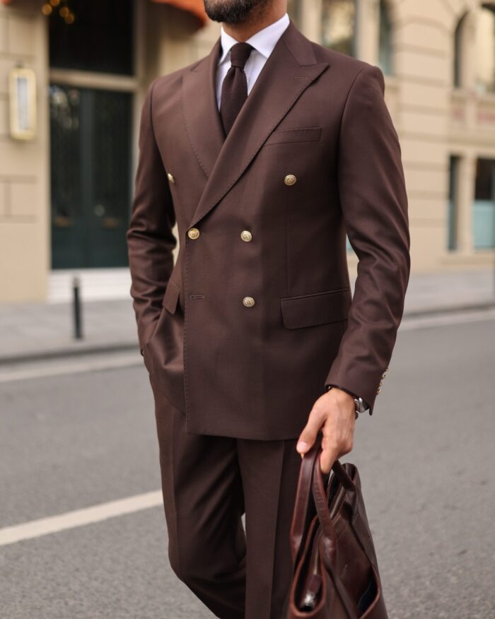 Mongers End CUSTOM SLIM FIT BROWN DOUBLE-BREASTED MEN’S SUIT WITH POINTED COLLAR with decorative gold buttons