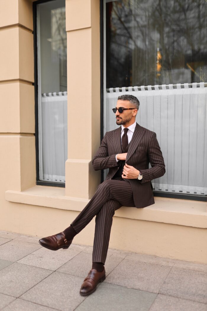 Charing Cross Road SLIM FIT  BROWN THREE PIECE MEN’S SUIT WITH PEAK LAPELS