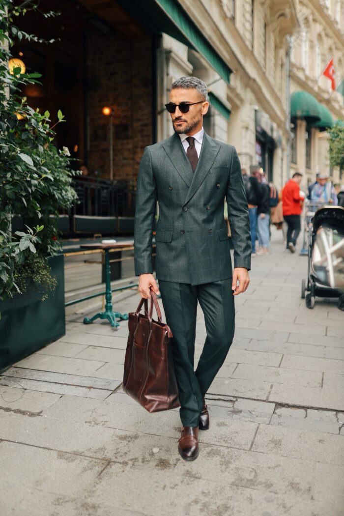 Post Road Tailored slim fit pine green chequered double breasted men's suit with peak lapels