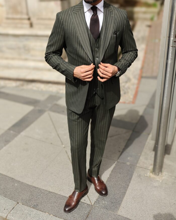 Hook End Road Tailored slim fit olive green three piece pinstripe men's suit with peak lapels