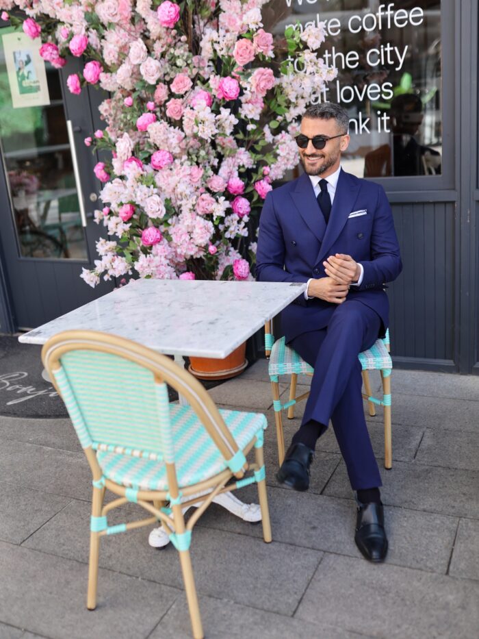 Weald Road Tailored slim fit  blue double breasted men's suit with peak lapels