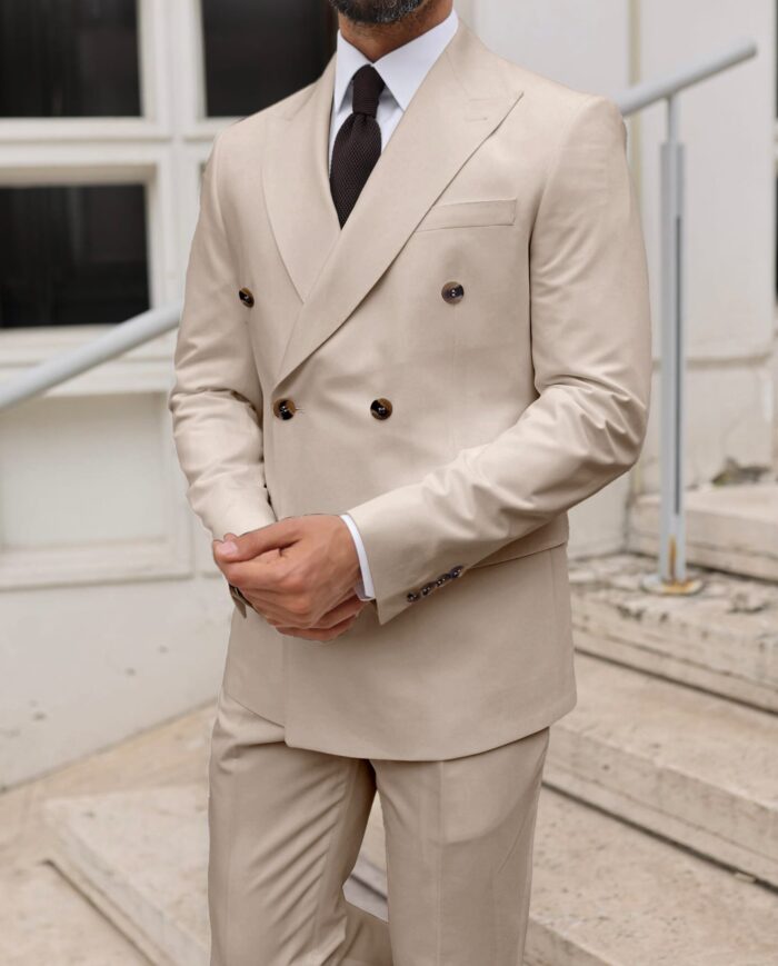 Leon Street Tailored slim fit cream double breasted men's suit with peak lapels