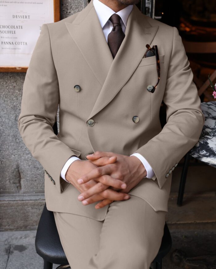 Kew Gardens slim fit wheat cream double breasted men’s suit with peak lapels