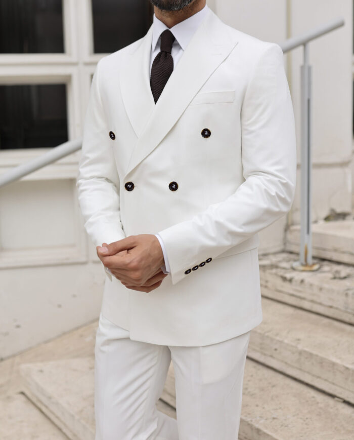 Leon Street Tailored slim fit white double breasted men's suit with peak lapels