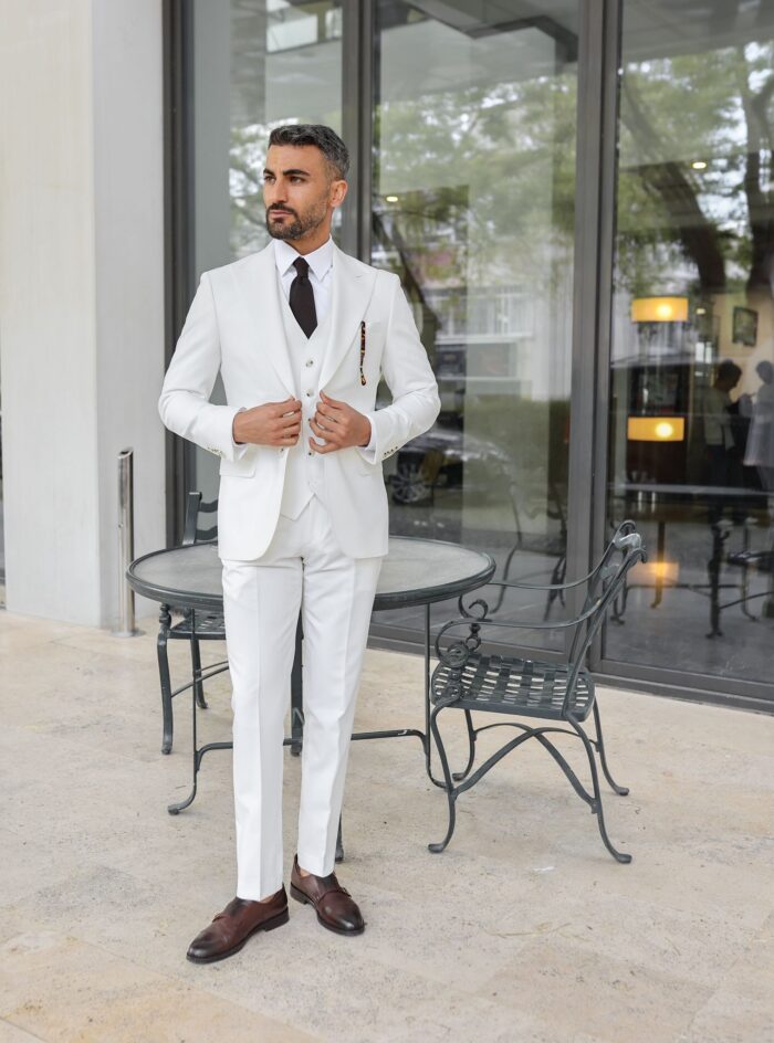 Tappers Hall Tailored slim fit white three piece men's suit with peak lapels
