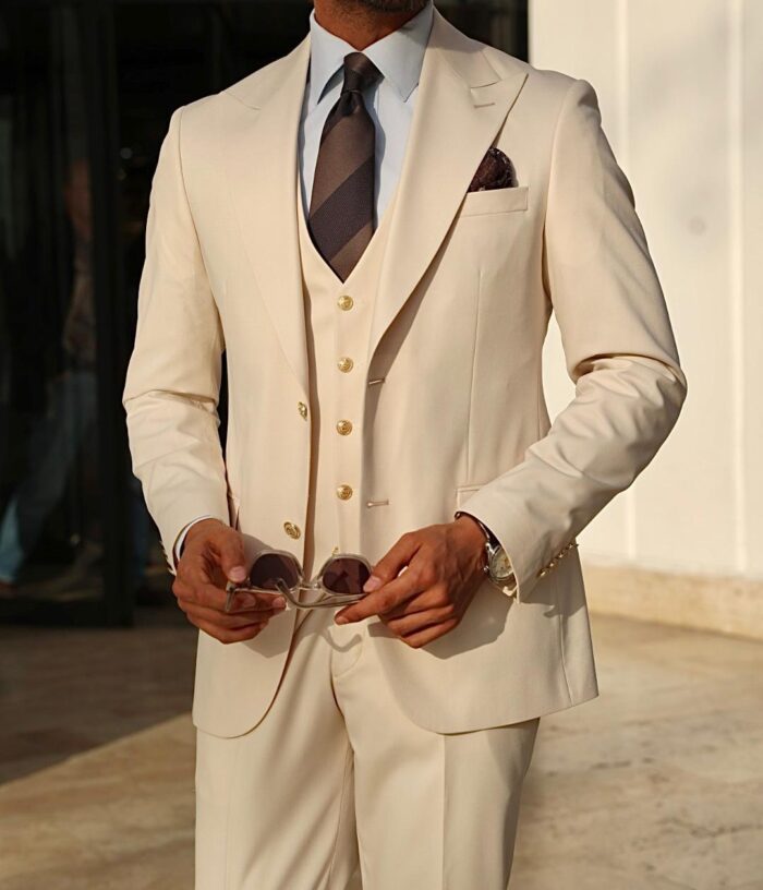 Montague Road SLIM FIT CREAM MEN’S THREE PIECE SUIT WITH DECORATIVE GOLD BUTTONS