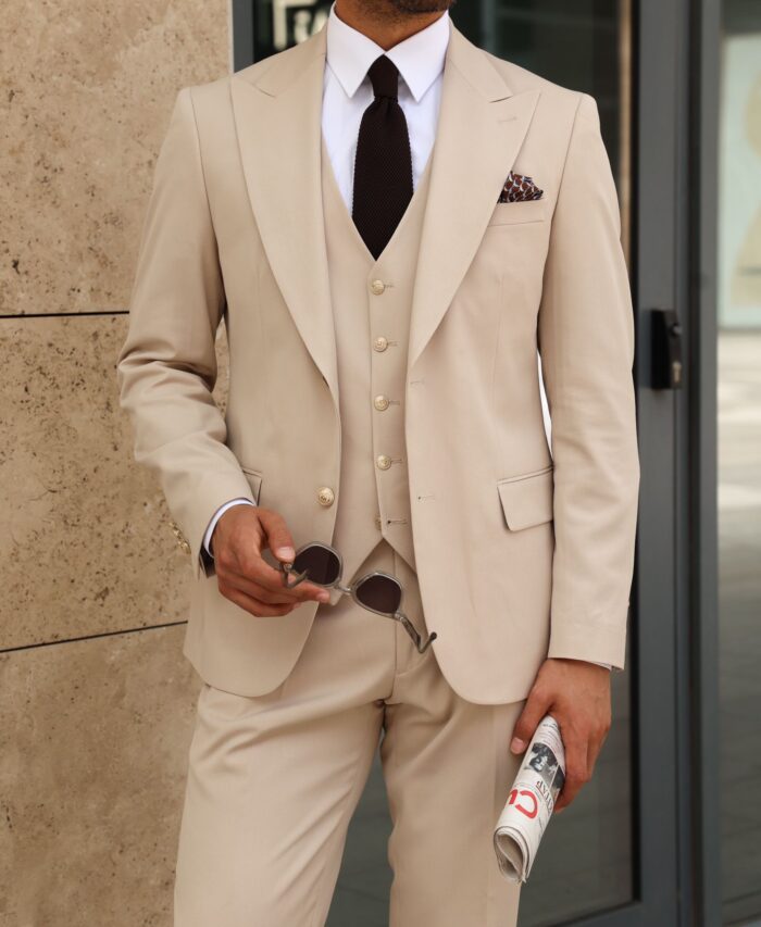 Hangers Lane SLIM FIT CREAM MEN’S THREE PIECE SUIT WITH DECORATIVE GOLD BUTTONS