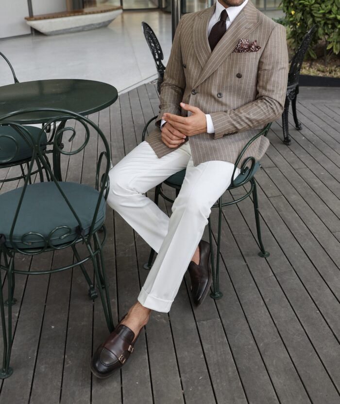 Canada Water A tailored slim fit double breasted men’s suit in a mix of latte brown double breasted pinstriped  and white