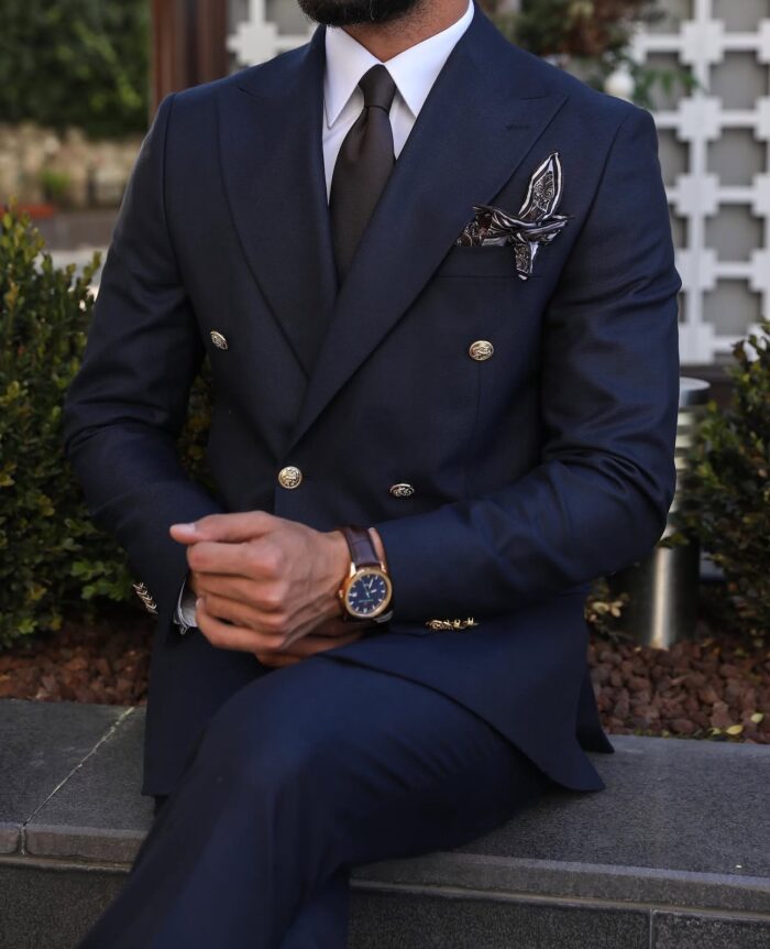 Mandela Road TAILORED SLIM FIT ROYAL NAVY BLUE DOUBLE BREASTED MEN’S SUIT WITH DECORATIVE GOLD BUTTONS AND PEAK LAPELS