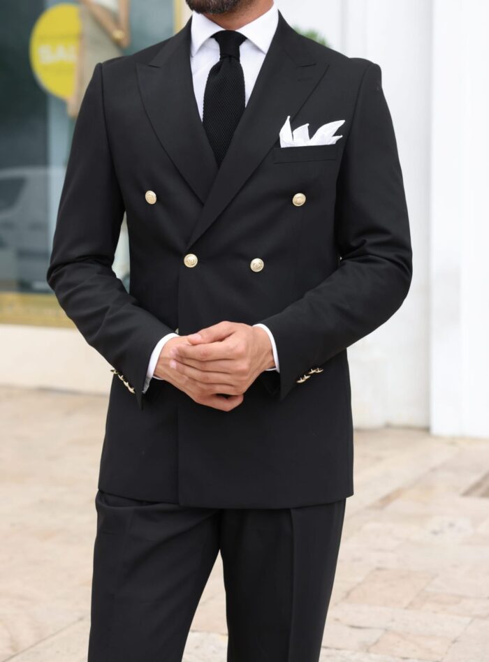 Stance End Tailored slim fit black double breasted men's suit with peak lapels with decorative gold buttons