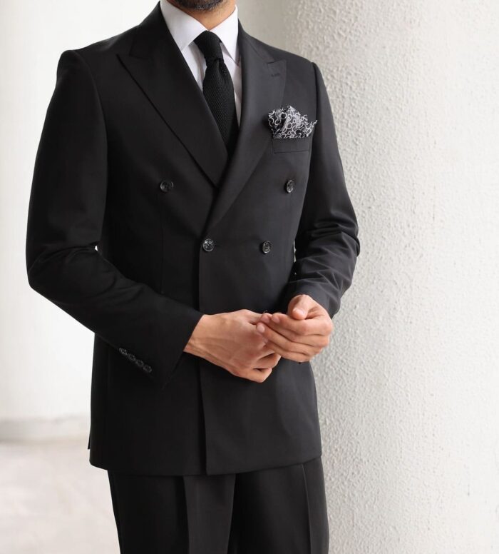 Nottingham Gate Tailored slim fit black double breasted men's suit with peak lapels