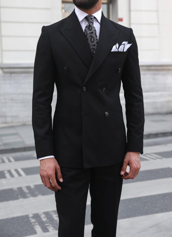 Nottingham Gate Tailored slim fit black double breasted men's suit with peak lapels