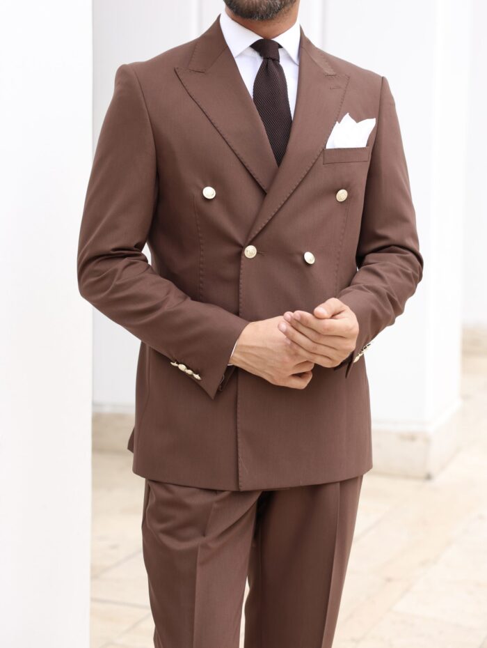 Ruislip Tailored slim fit brown double breasted men's suit with peak lapels with decorative gold buttons