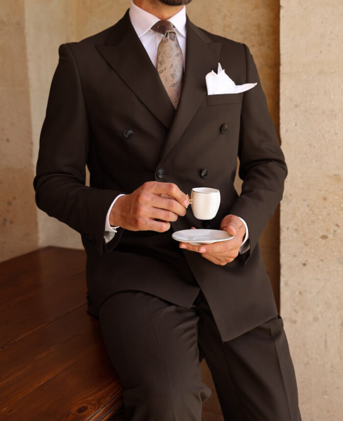 Cobden Place Tailored slim fit brown double breasted men's suit with peak lapels