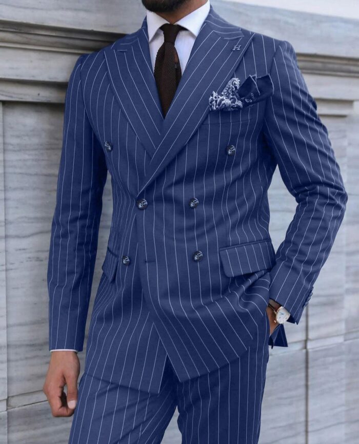 Honest Street Tailored slim fit pinstripe steel blue double breasted men’s suit with peak lapels

