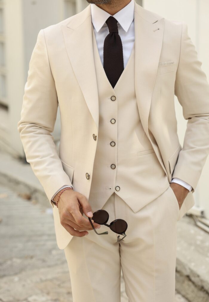 Second Street Slim fit all cream three piece men's suit with peak lapels