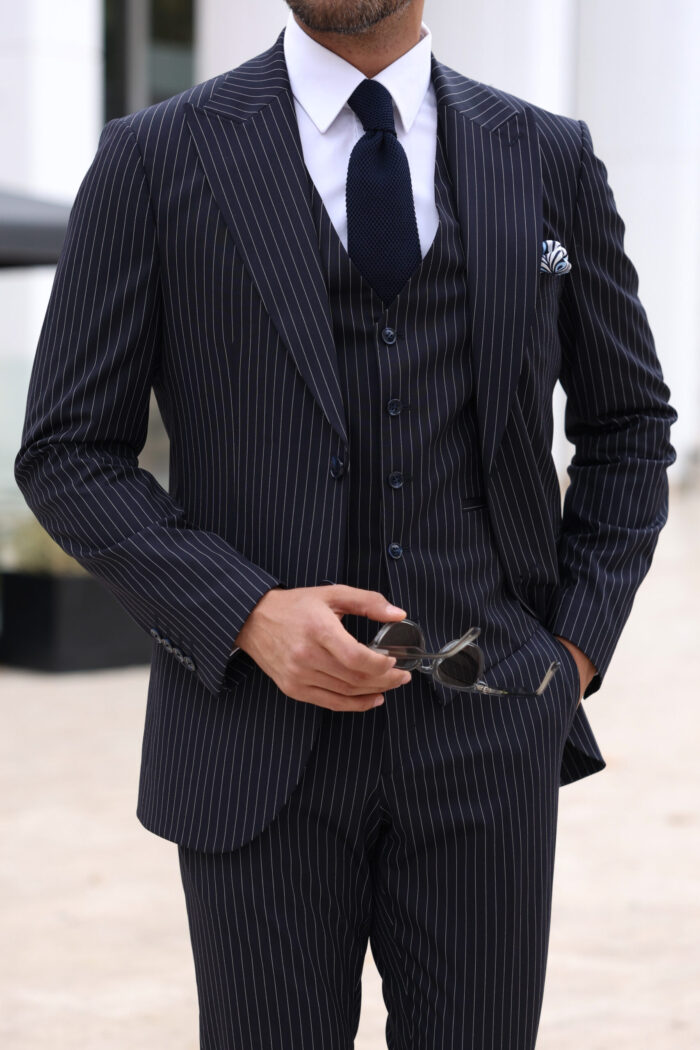 Bonnie Road Slim fit dark navy pinstripe men’s three piece suit with peak lapels