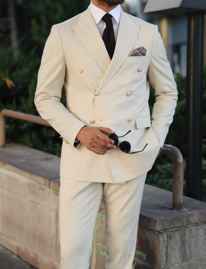 Farrow Lane Tailored slim fit cream double breasted pin striped men’s suit with peak lapels with decorative gold buttons