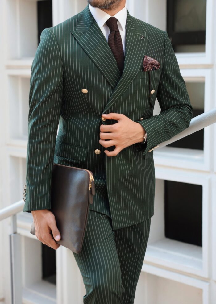 Haggerston Tailored slim fit pine green pinstripe double breasted men’s suit with peak lapels with decorative gold buttons