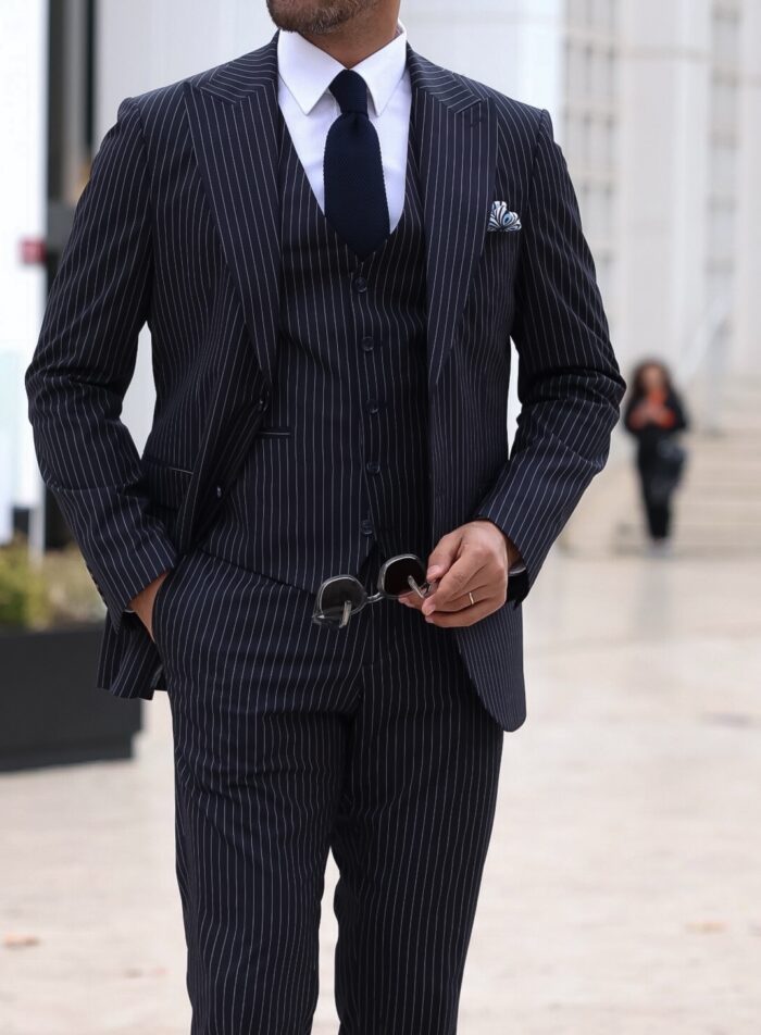 Bonnie Road Slim fit dark navy pinstripe men’s three piece suit with peak lapels