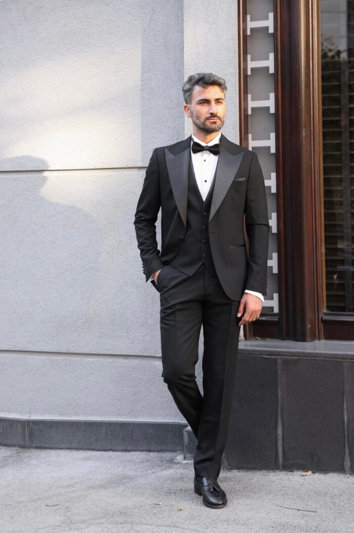 Manhattan Bridge Tailored slim fit all black men’s tuxedo with satin peak lapels