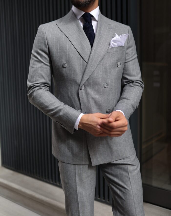 Sapphire Place Tailored slim fit mid grey  base baby blue pinstripe double breasted two piece suit with peak lapels