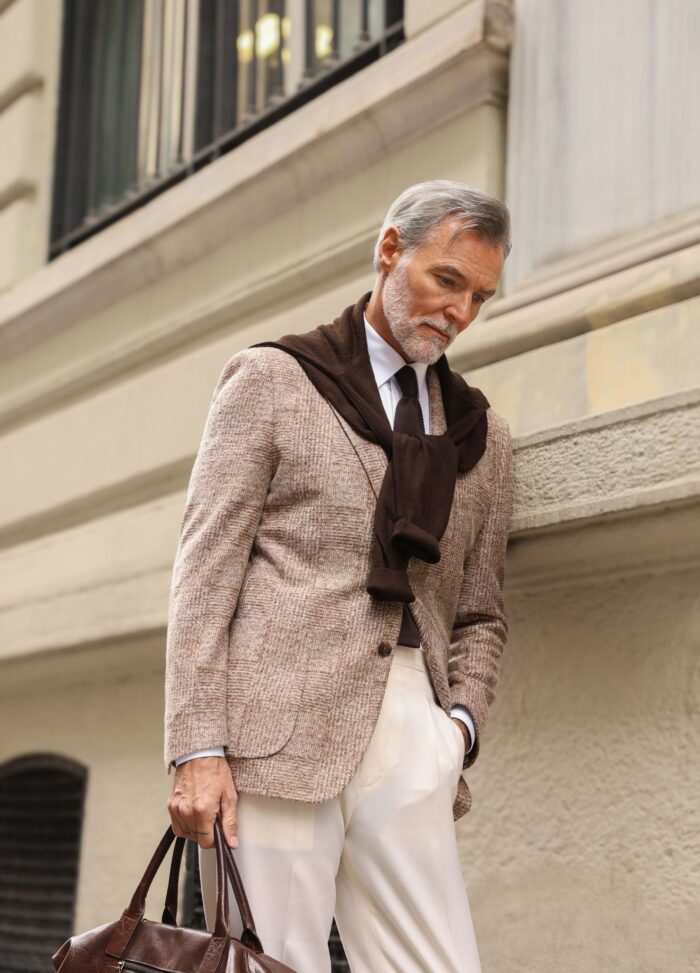 Theydon Road Slim fit light latte brown and white chequered mixed two piece men’s suit with notch lapels