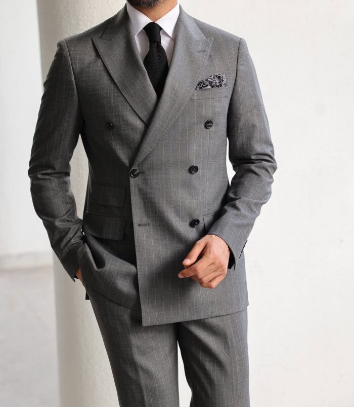 Brompton Road SLIM FIT GREY DOUBLE BREASTED TWO PIECE MEN’S SUIT WITH PEAK LAPELS