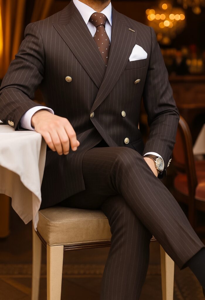 Northern Mile Tailored slim fit dark brown double breasted pin striped men’s suit with peak lapels with decorative gold buttons