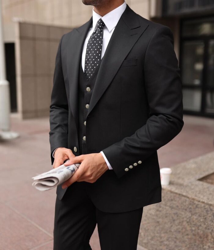 Bloure Court SLIM FIT BLACK THREE PIECE MEN’S SUIT WITH PEAK LAPELS WITH decorative gold buttons