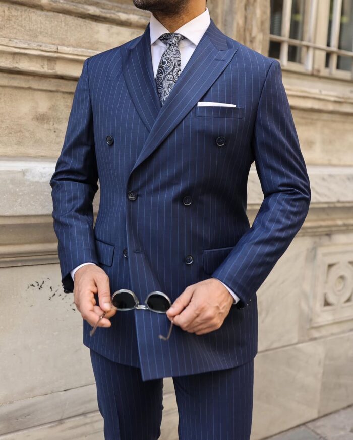 Hemus Place TAILORED SLIM fit DARK NAVY BLUE BASE  WITH BLUE pinstripe double BREASTED men’s SUIT