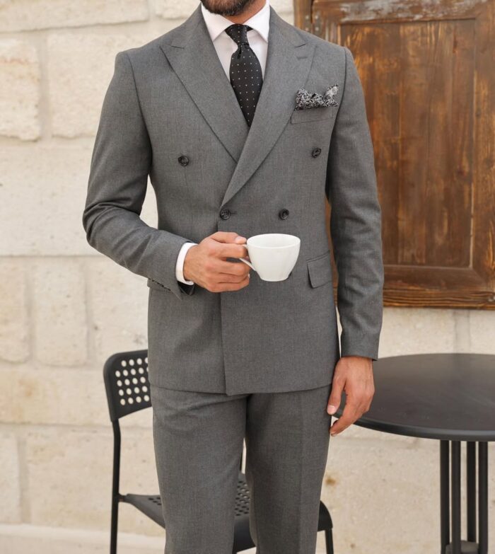 Bridgefoot TAILORED SLIM FIT  GREY DOUBLE BREASTED MEN’S SUIT WITH PEAK LAPELS