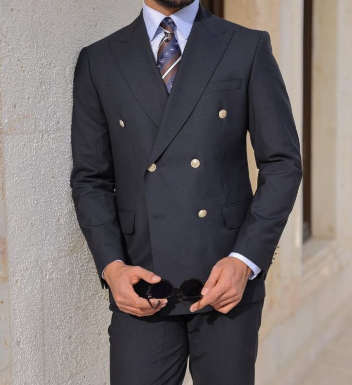 Armony Mews TAILORED SLIM FIT ROYAL NAVY BLUE DOUBLE BREASTED MEN’S SUIT WITH DECORATIVE GOLD BUTTONS AND PEAK LAPELS