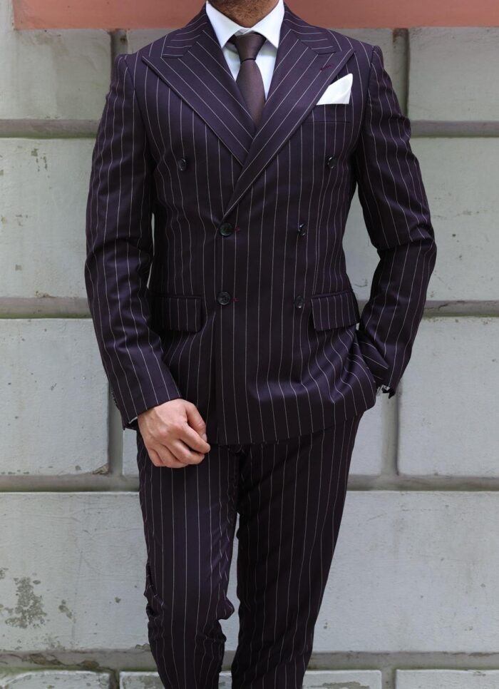 Dacre Place Tailored slim fit burgundy plum double breasted men’s suit with peak lapels