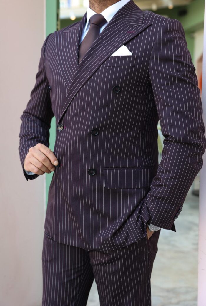 Crombie Mews Tailored slim fit burgundy plum double breasted men’s suit with peak lapels