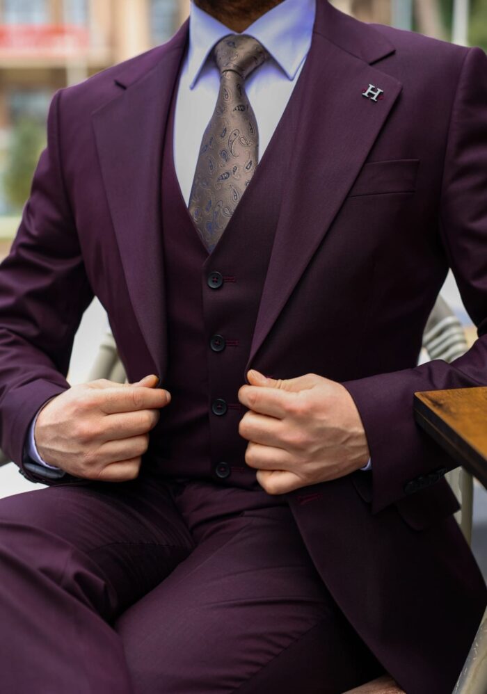 Grant Street Slim fit burgundy plum men’s three piece suit with peak lapels