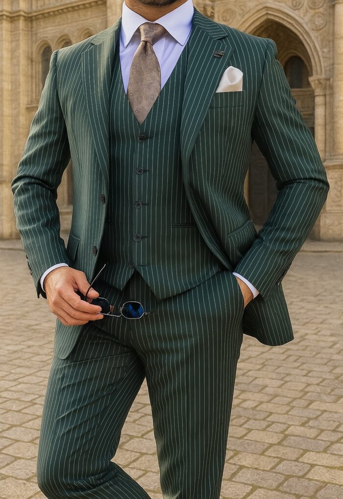 Bridstow Place Tailored slim fit forest green three piece pinstripe men’s suit with shawl lapels