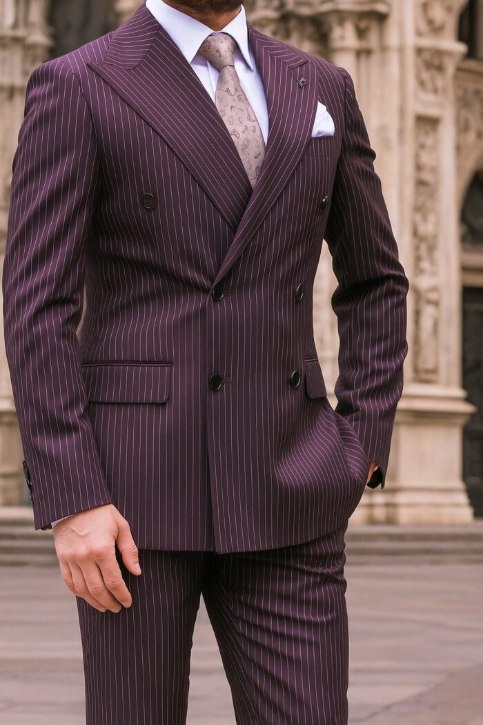Crombie Mews Tailored slim fit burgundy plum double breasted men’s suit with peak lapels