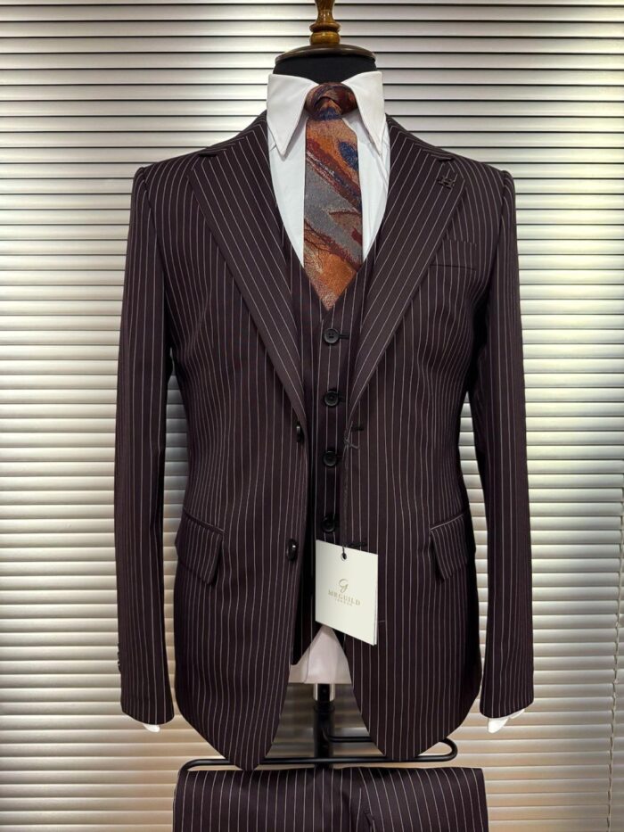 Marina Place Slim fit burgundy pinstripe men’s three piece suit with shawl lapels