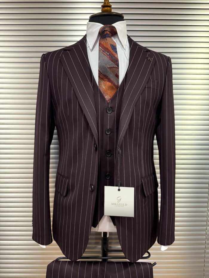 Walk Place Slim fit burgundy pinstripe men’s three piece suit with shawl lapels