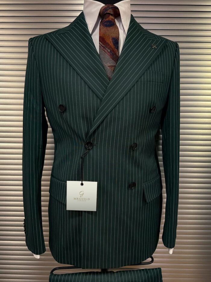 Ellis Mews Tailored slim fit forest green double breasted pinstripe men’s suit with peak lapels