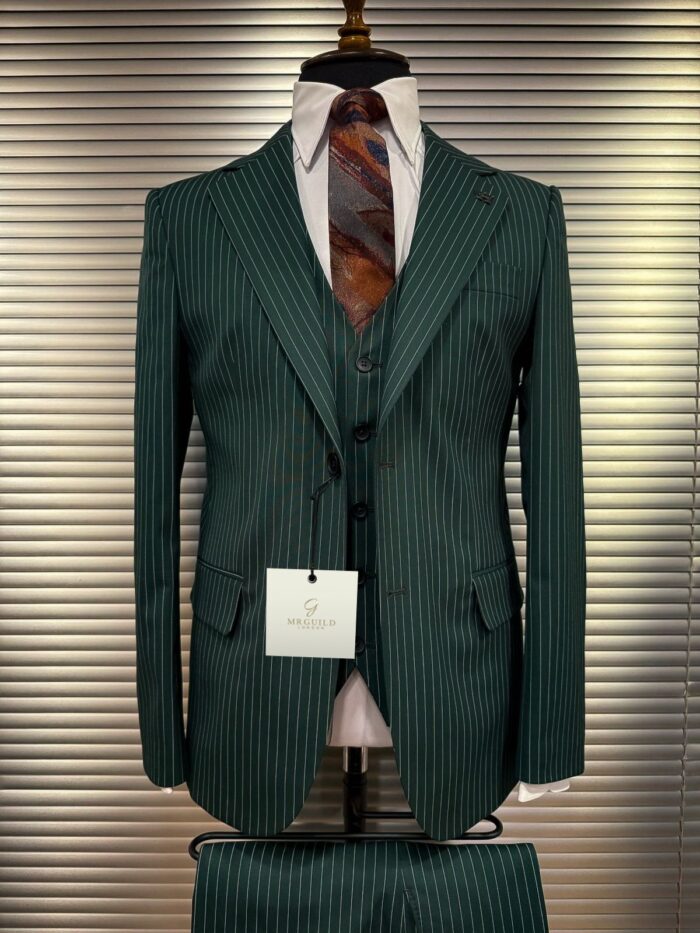 Bridstow Place Tailored slim fit forest green three piece pinstripe men’s suit with shawl lapels