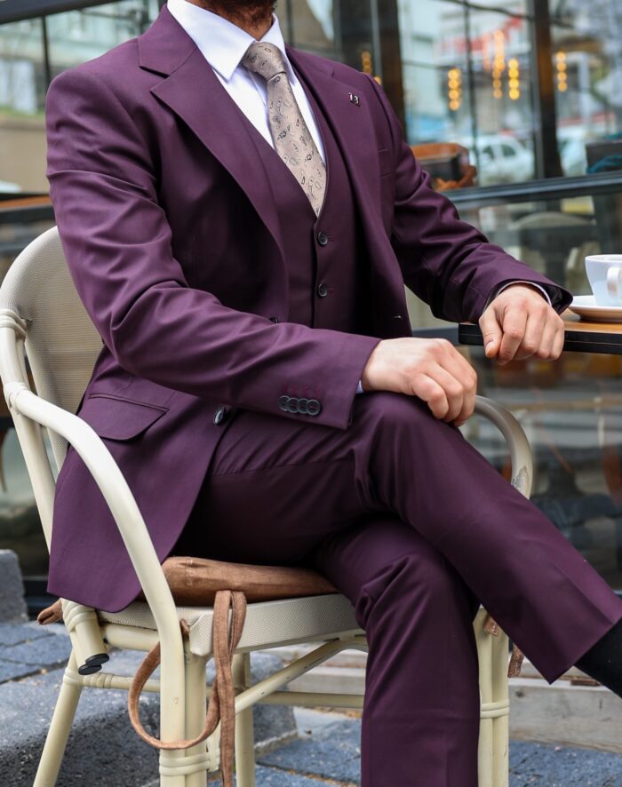 Grant Street Slim fit burgundy men’s three piece suit with shawl lapels