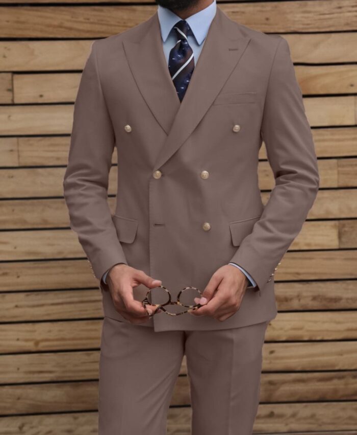 Rowan Terrace TAILORED SLIM FIT WHEAT CREAM DOUBLE BREASTED MEN’S SUIT WITH PEAK LAPELS WITH DECORATIVE GOLD BUTTONS
