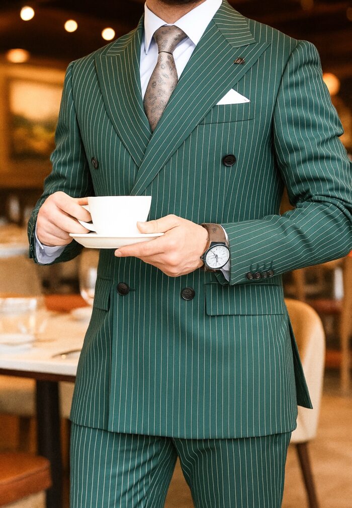 Upper Street Tailored slim fit forest green double breasted pinstripe men’s suit with peak lapels