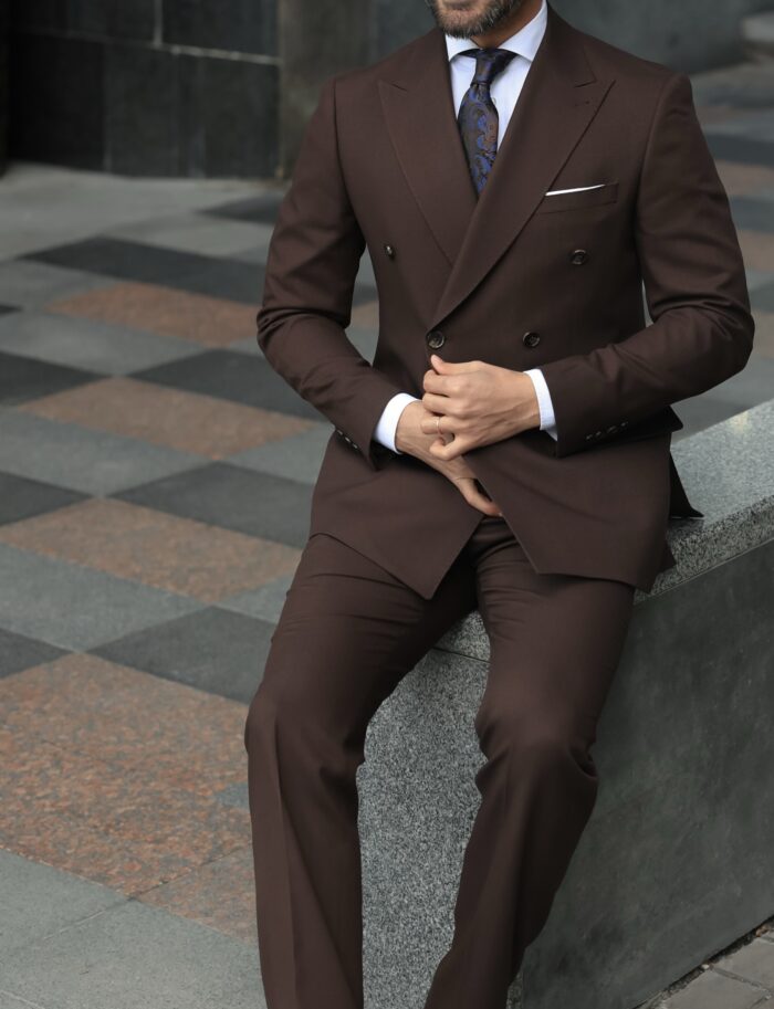 Kingswood Road slim fit brown double-breasted men’s suit with peak lapels