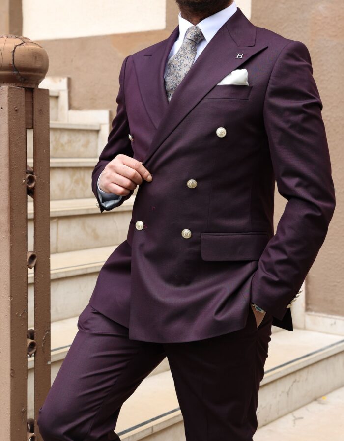 Omega Place TAILORED SLIM FIT ROYAL BURGUNDY DOUBLE BREASTED MEN’S SUIT WITH DECORATIVE GOLD BUTTONS AND SHAWL LAPELS